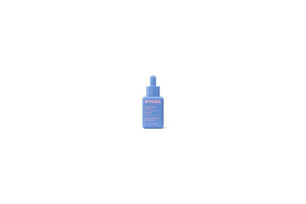 A blue dropper bottle of BYOMA Hydrating Serum against a white background, featuring modern packaging design.
