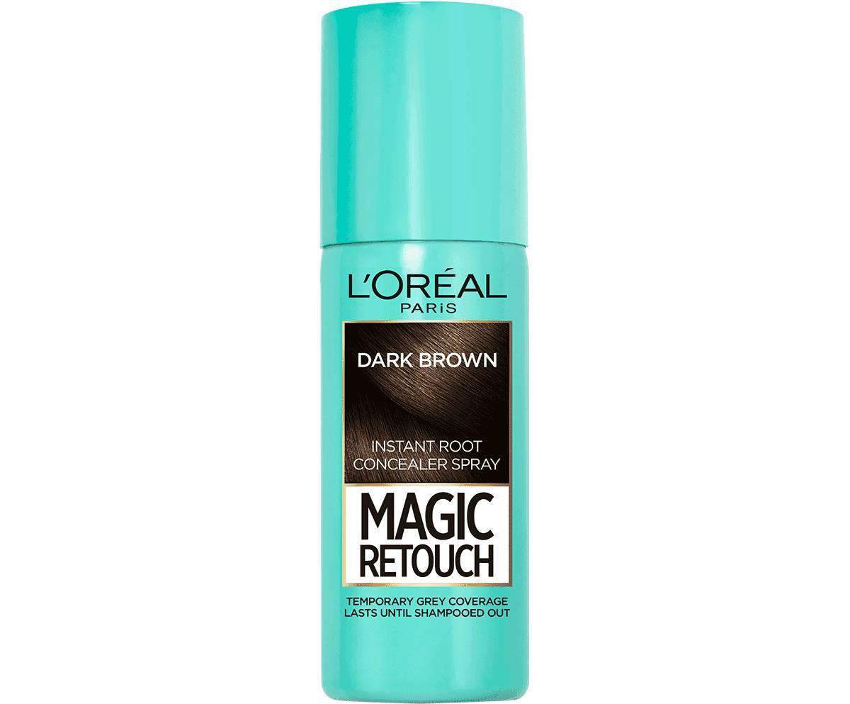 L'Oréal Paris Magic Retouch dark brown root concealer spray bottle for instant gray coverage, lasting until shampooed out.