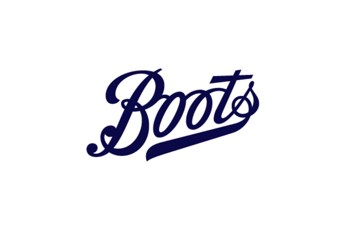 Logo of Boots, featuring a bold, cursive font in navy blue on a white background, emphasizing the brand's name.