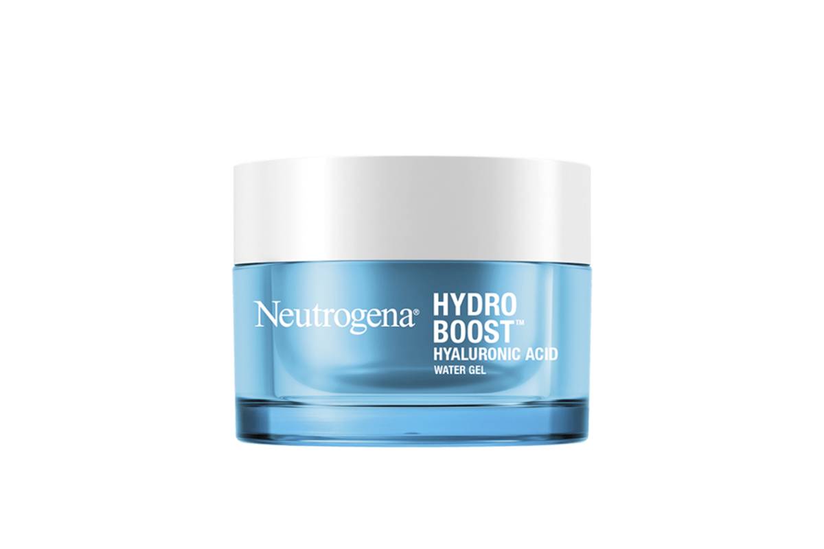 Neutrogena Hydro Boost water gel jar featuring hyaluronic acid, with a clear blue container and a white lid.