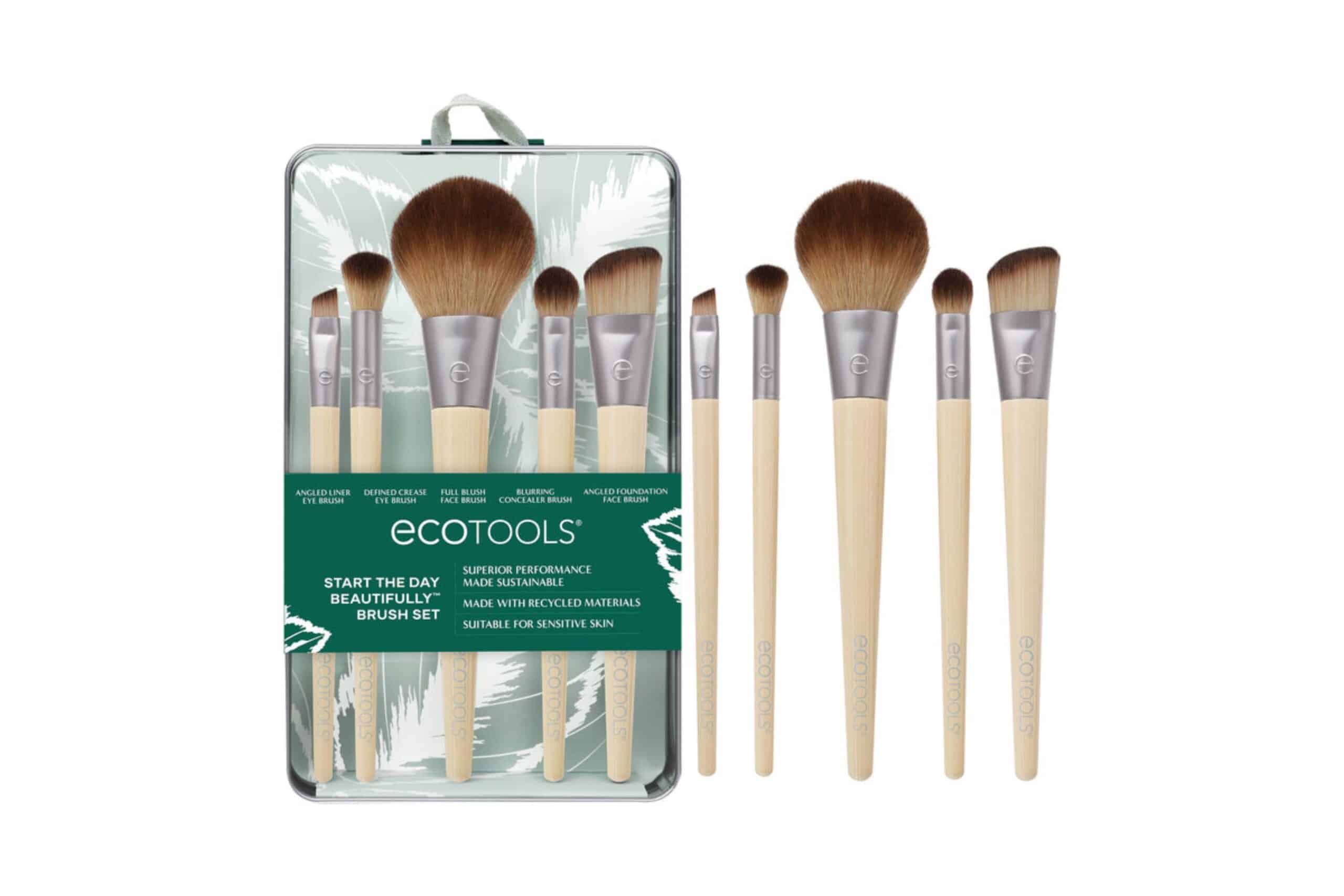 EcoTools brush set featuring eight makeup brushes with bamboo handles, packaged in a stylish, eco-friendly container. Suitable for sensitive skin.