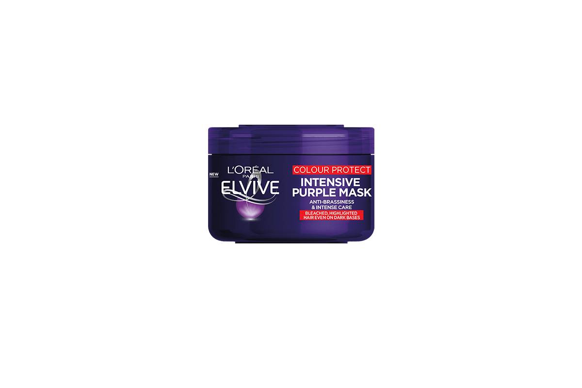 L'Oréal Elvive Intensive Purple Mask for color care, designed to reduce brassiness in bleached or highlighted hair, in a purple container.