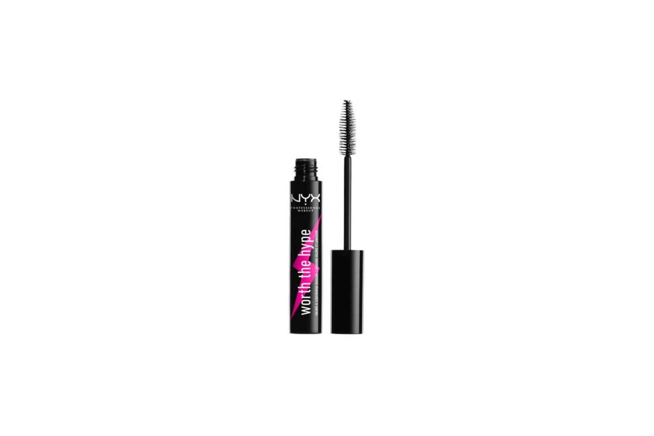 A tube of NYX Worth the Hype mascara, with its wand beside it, showcasing a sleek black design with a pink label.
