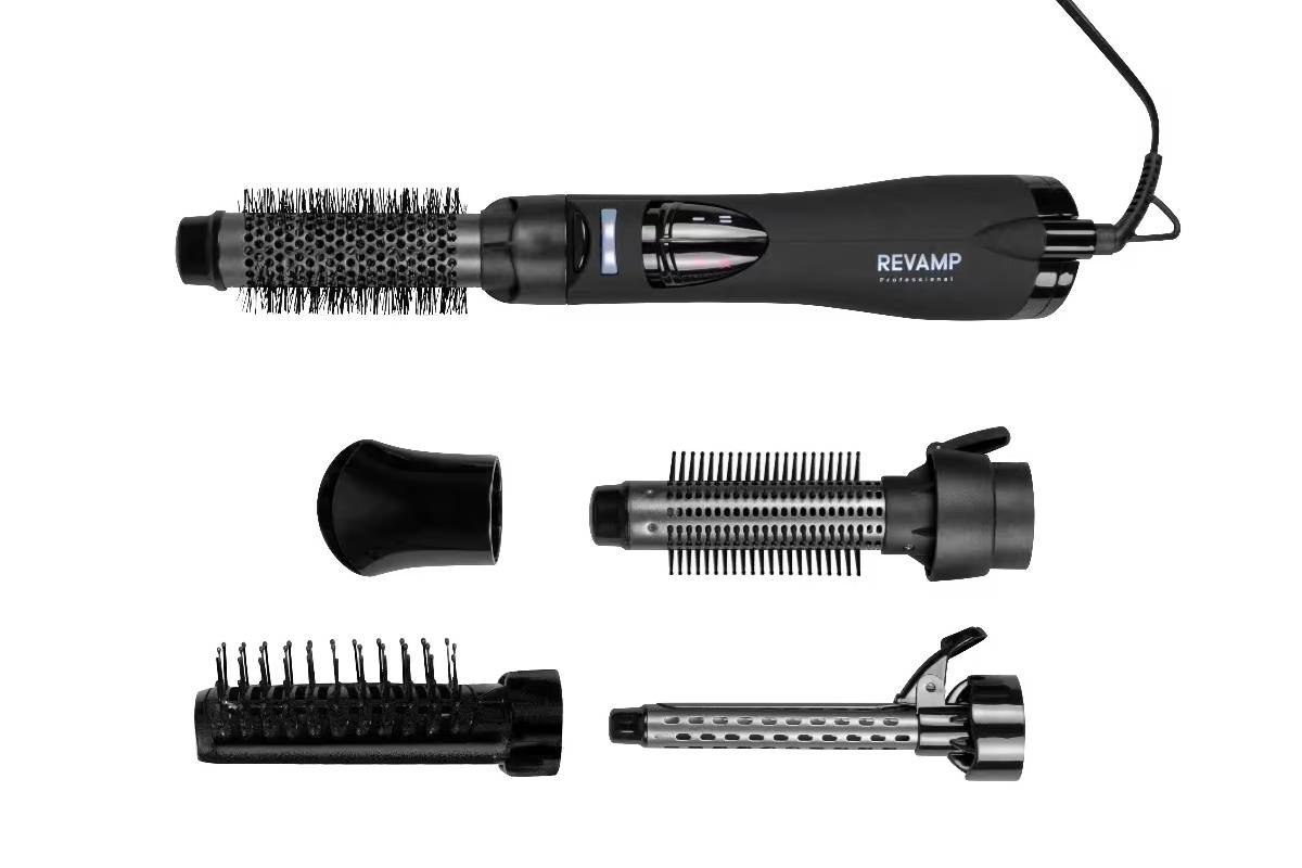 A black multi-styler hair tool with interchangeable brush attachments and a power cord, designed for versatile hair styling.