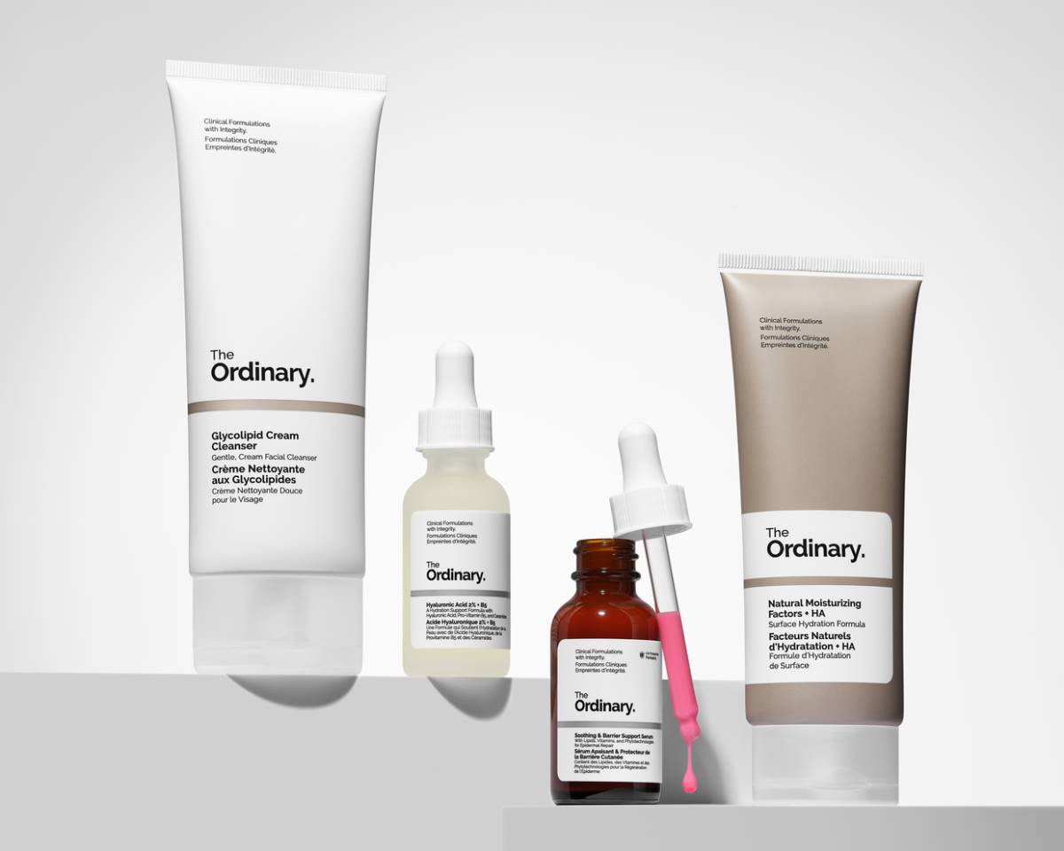 Four skincare products from The Ordinary: Glycolipid Cream Cleanser, a serum, and Natural Moisturizing Factors, displayed on a light background.