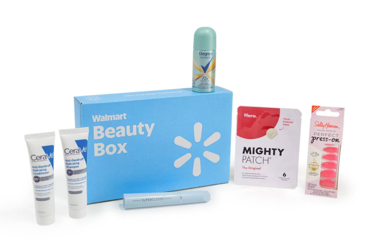 A Walmart Beauty Box featuring CeraVe shampoo and conditioner, Degree deodorant, Hero Mighty Patch, and Sally Hansen press-on nails.