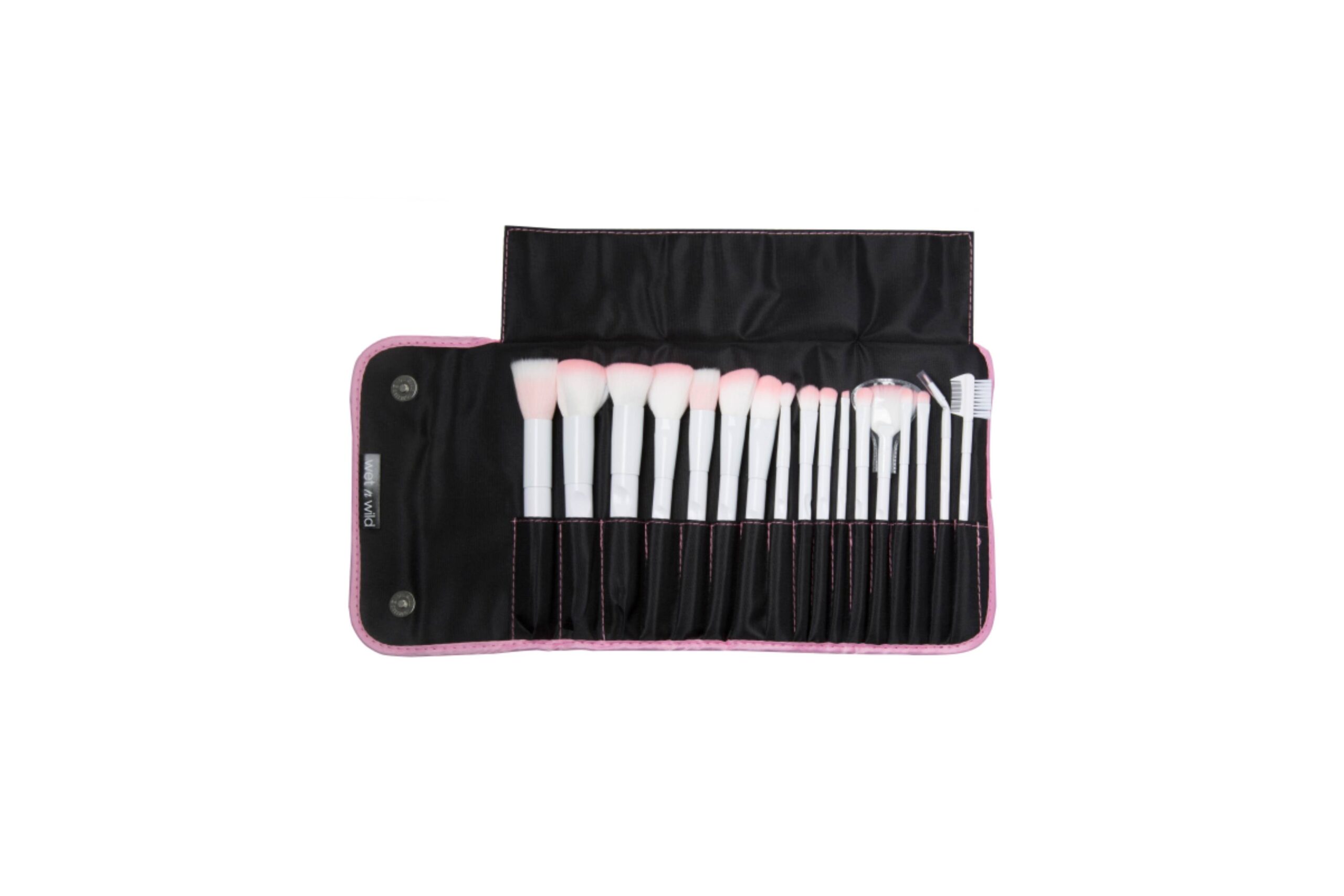 A neatly organized makeup brush set in a black case with pink accents, featuring various brushes and tools for makeup application.