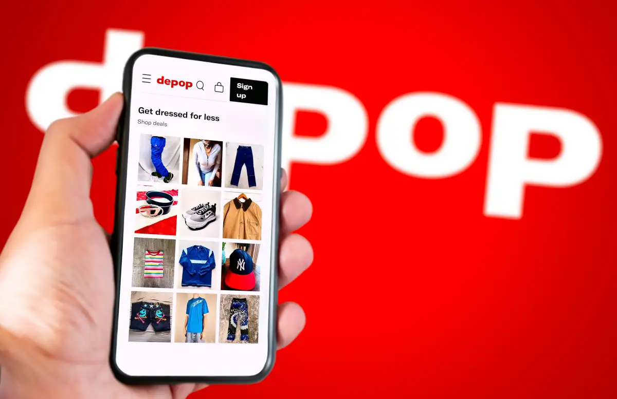 person's hand holding a phone with depop app opened in it