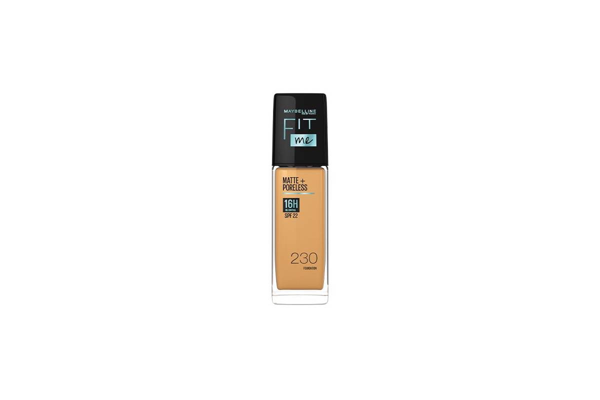 Maybelline Fit Me foundation bottle labeled Matte + Poreless, shade 230, with SPF 22 and 16-hour wear, set against a white background.