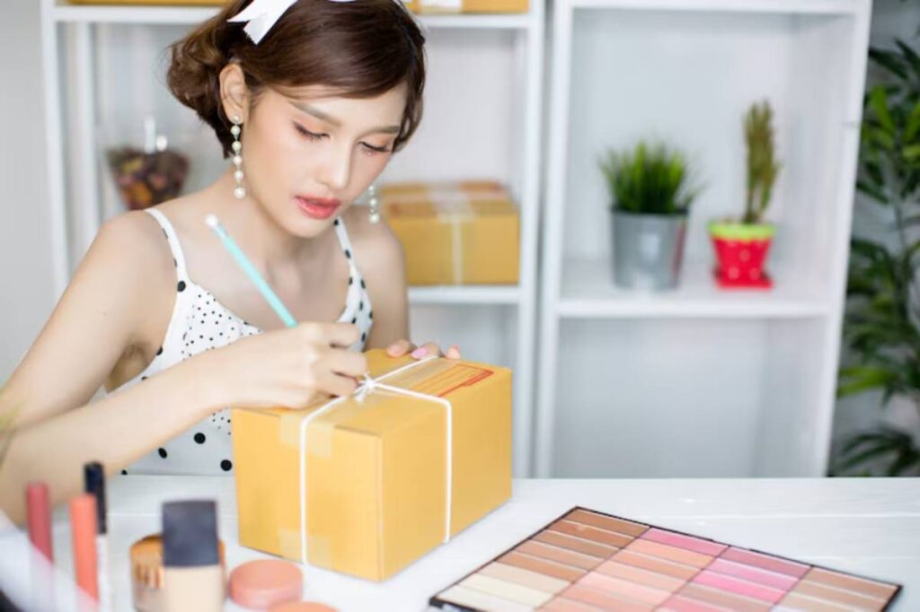 A person in a polka dot dress writes on a wrapped package, surrounded by makeup products and plants on a bright workspace.