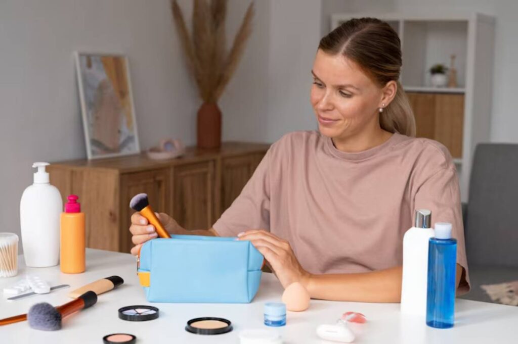 A person sits at a table surrounded by various makeup and skincare products, including brushes, bottles, and a blue cosmetic bag.